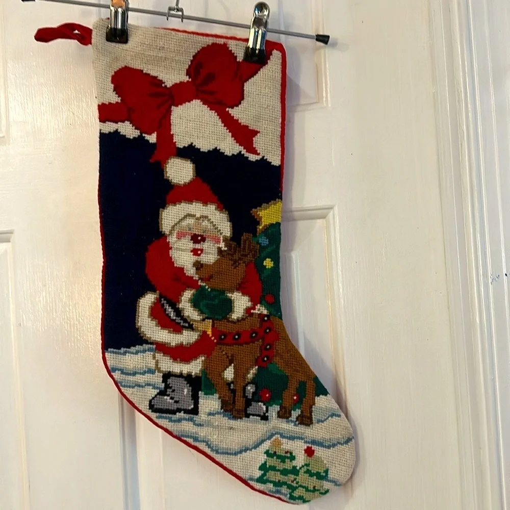 Vintage Needlepoint Christmas St. Nicholas with Reindeer Velvet Backed Stocking